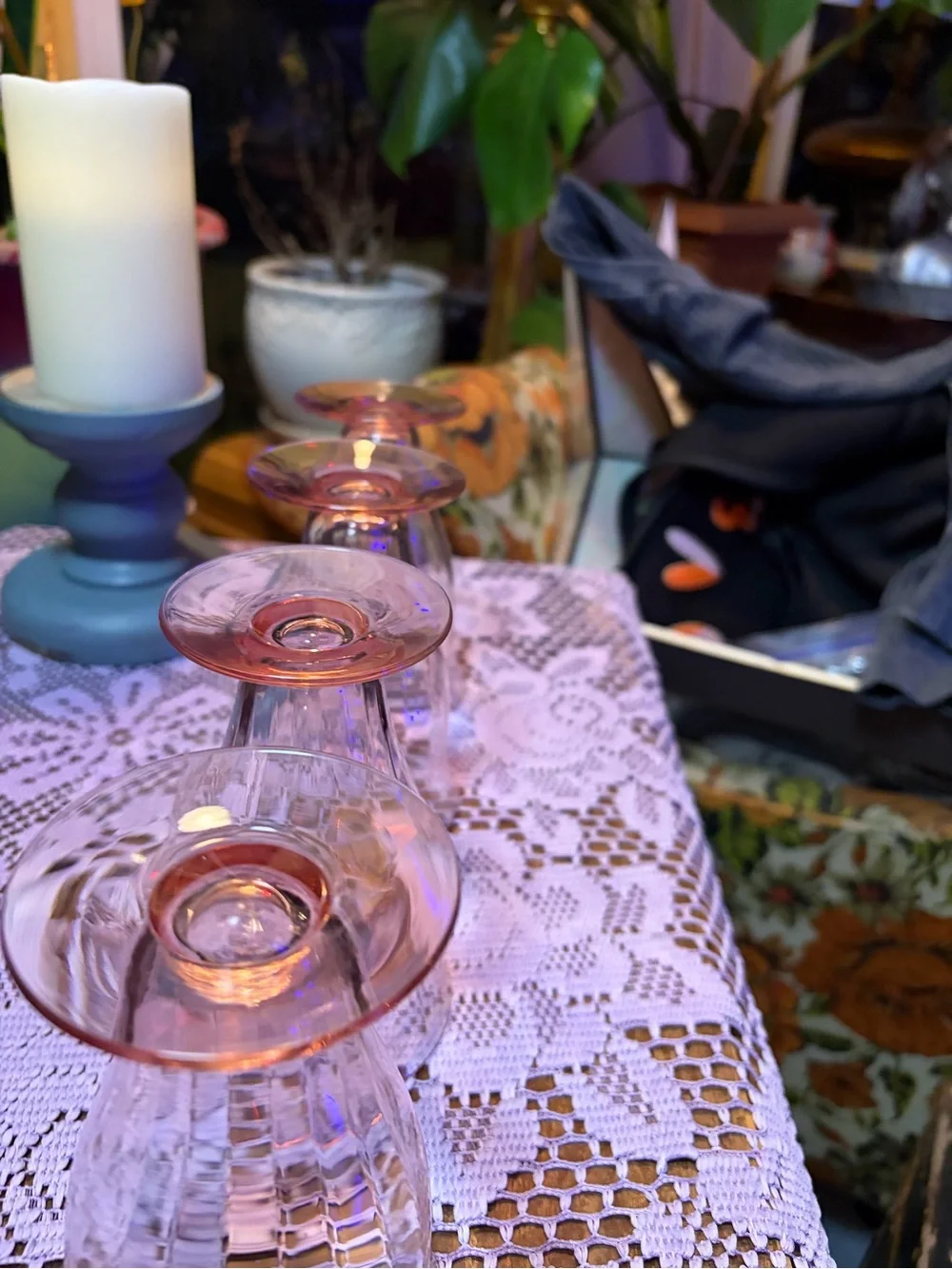 Vintage 1930s Pink Depression Glass Paneled Optic Footed Tumblers Set of 5 GLOWs